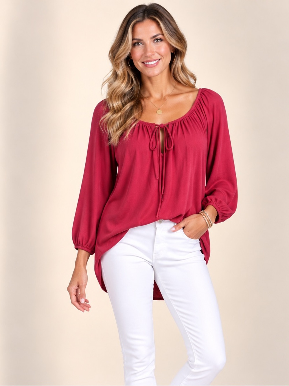Eva Varro Berry-Red Tie Neck Long Sleeve  Tunic Top Size M
